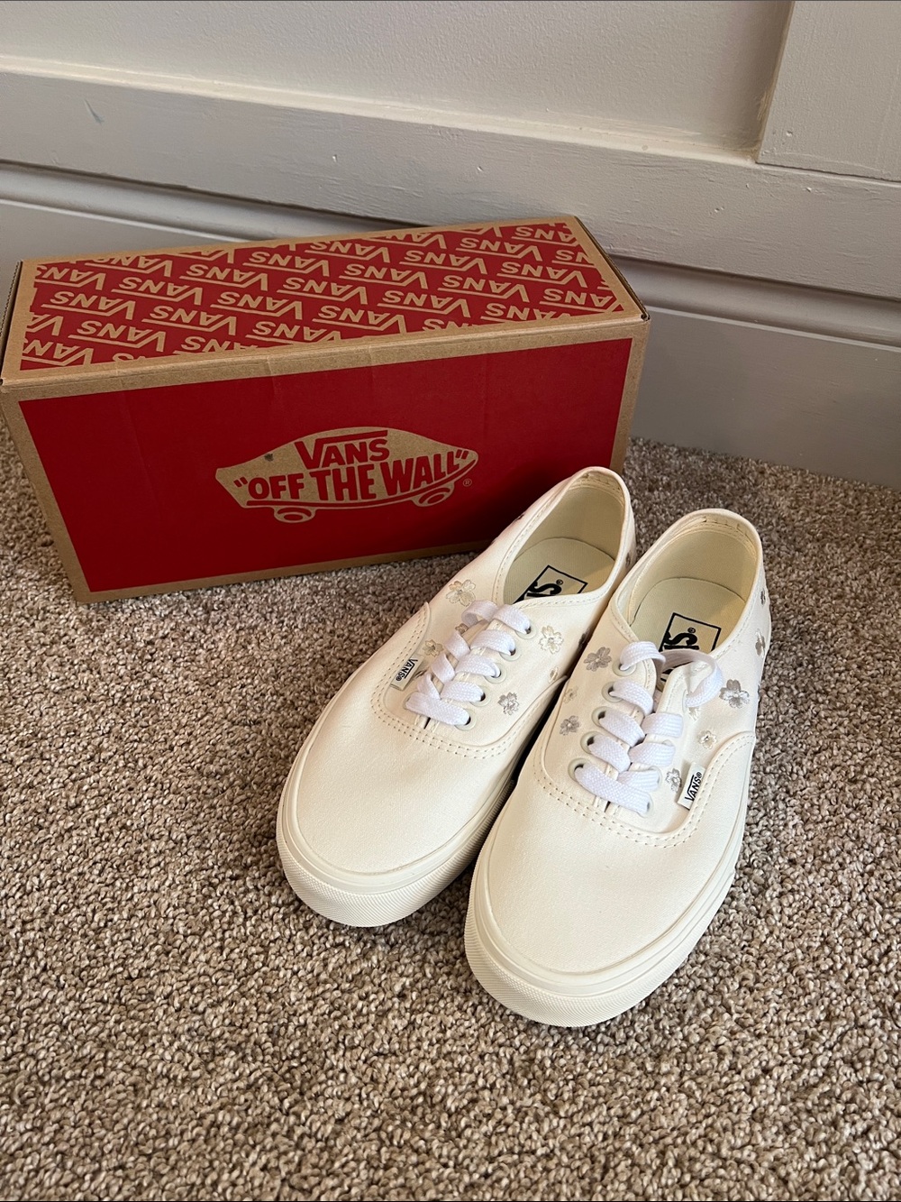 Vans Floral Embroidery White Canvas Sneakers with Silver Floral Accents
